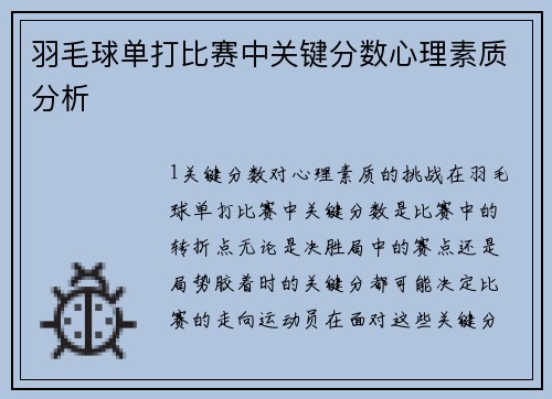 羽毛球单打比赛中关键分数心理素质分析