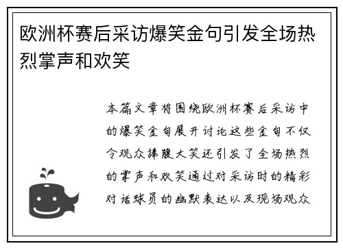 欧洲杯赛后采访爆笑金句引发全场热烈掌声和欢笑